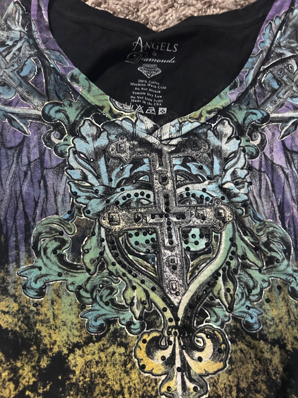 Angels & Diamonds Men’s V-Neck Graphic Shirt - Purple, Teal, Black